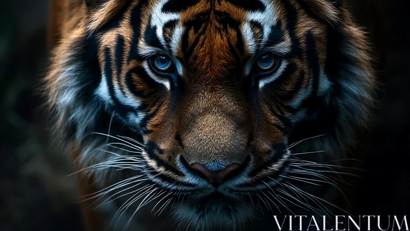 Predatory tiger portrait rendered in dramatic low key lighting