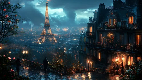 Nocturnal Parisian terrace overlooking illuminated Eiffel Tower