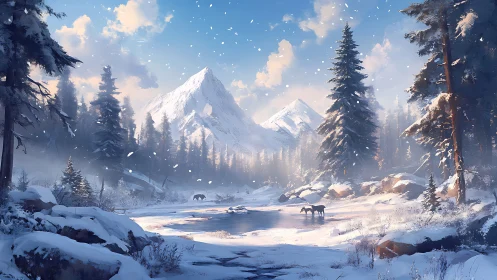 Snow covered mountain valley with river and wildlife.