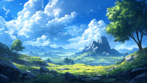 Sunlit valley stretches beneath towering fantasy peaks.