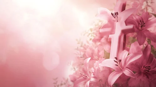 Pink cross among lilies with soft light and floral haze.