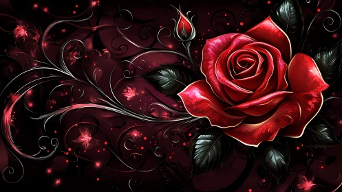 Luminous Red Rose with Swirling Vines Dark Background