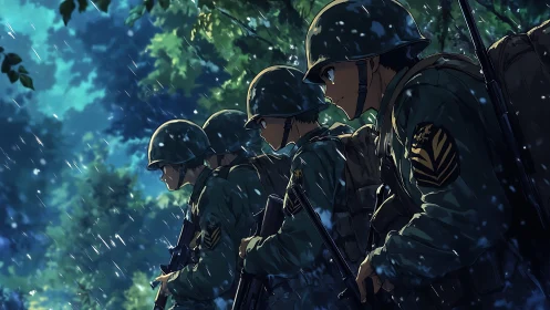 Soldiers in rain-soaked forest advancing with rifles drawn.