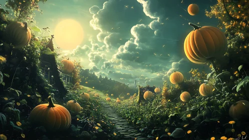 Sunlit cobblestone path with large pumpkins in dense foliage.
