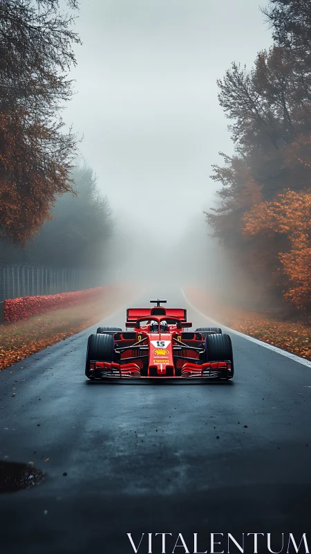 Formula race car stands on wet forest road in foggy weather