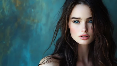 Portrait of blue eyed brunette against teal textured backdrop.