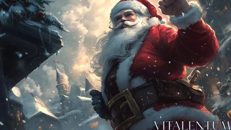 Santa Claus strides through snowy village at dusk.