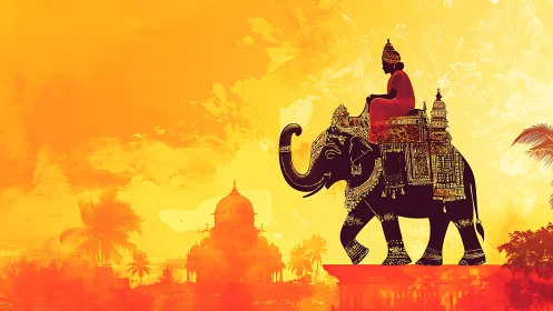 Royal elephant silhouette against vibrant Indian sunset.