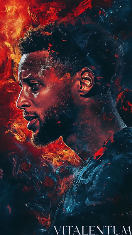 Fiery portrait captures focused man framed by vivid energy