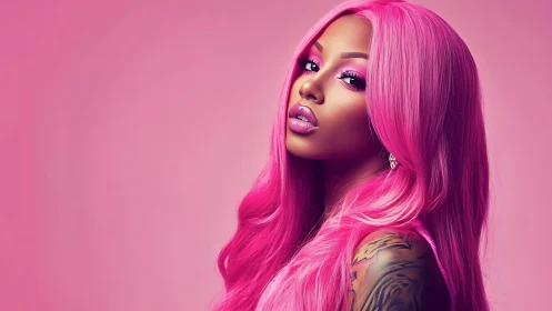 Neon pink-haired woman with tattoo in high-key studio portrait