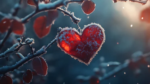 Frost-Covered Heart-Shaped Leaf Glowing Against Winter Sky.
