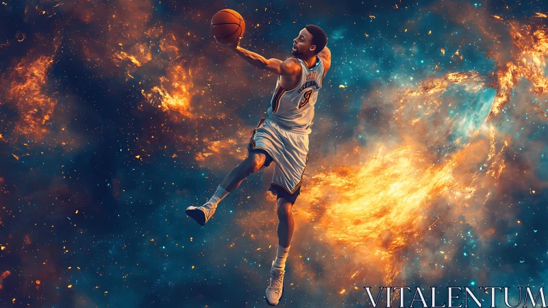 Basketball player soars through a blazing cosmic galaxy.