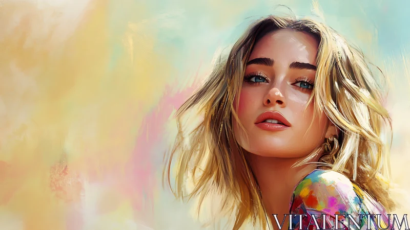 Portrait of young woman against soft abstract pastel background