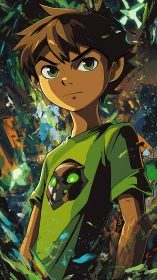 Stylized young hero in dynamic cel shaded portrait with vivid bokeh