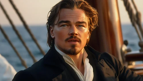 Sunlit sailor gazes seaward, wrapped in cinematic stillness