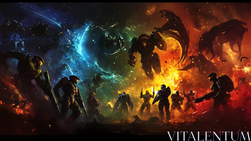 Armored infantry and alien forces in divided battlefield.