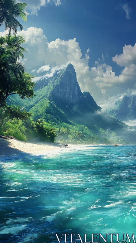 Tropical Volcanic Peak with Sandy Shoreline and Verdant Vegetation.