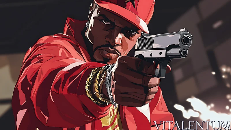 Urban gunslinger in red jacket freezes a blazing split-second.