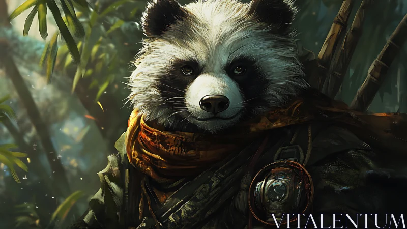 Gentle panda adventurer pausing in a sunlit forest glade.