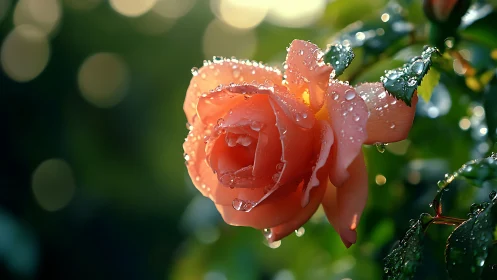 Coral-Apricot Rose Bloom with Dew Droplets and Bokeh Background