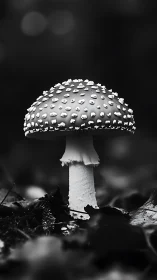 Monochrome macro study of solitary forest mushroom form.