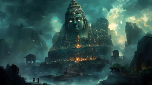 Colossal mountain temple crowned by luminous deity face.