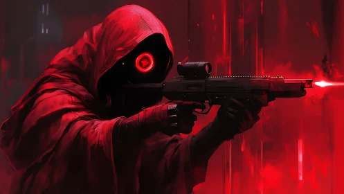 Hooded cybernetic marksman with luminous red optic sight.