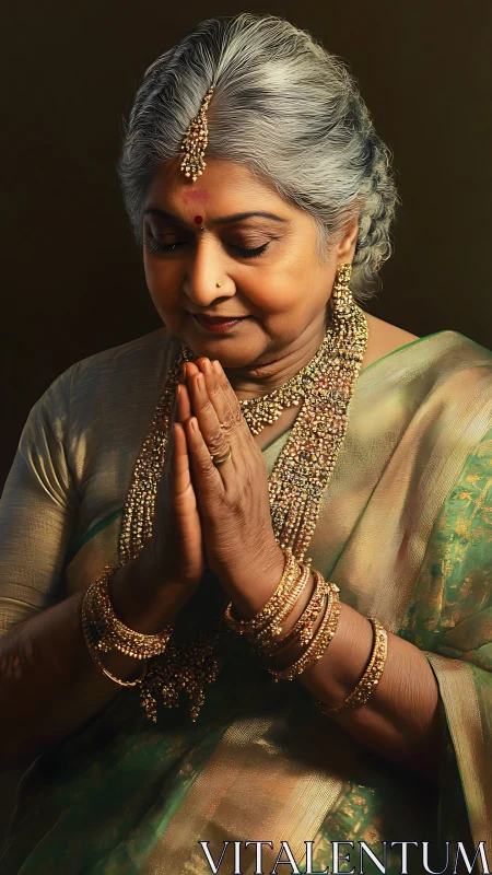 Elderly Indian woman prays in traditional silk saree