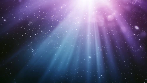 Purple and blue cosmic light rays across starry space.