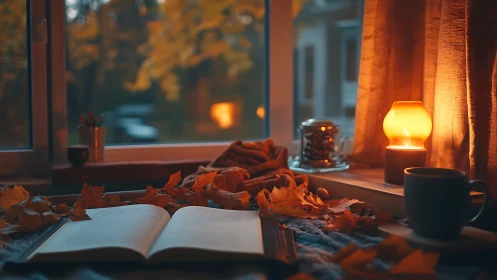 Cozy autumn reading nook glows softly by the window