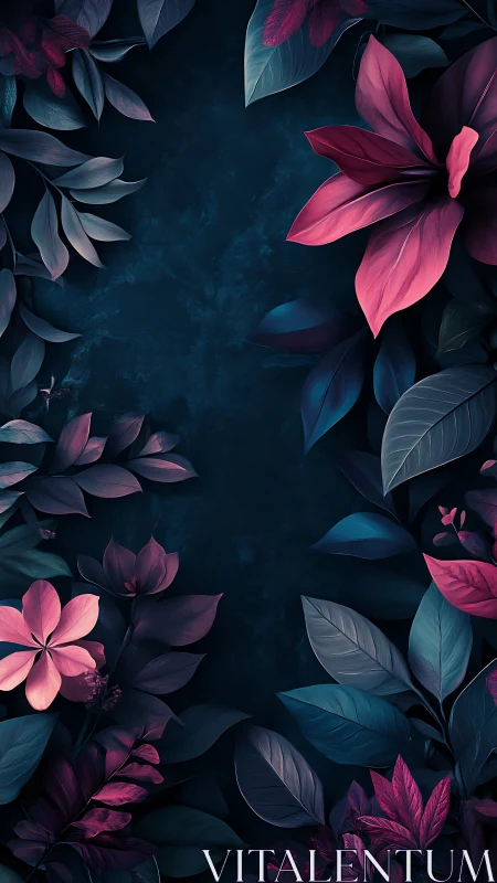 Pink and Blue Flowers Against Dark Textured Background.