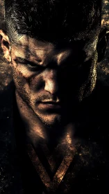 Battle-scarred warrior portrait sinks into fractured shadow