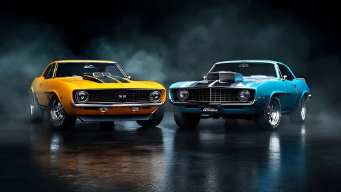 Classic muscle cars duel in dramatic studio smoke scene.