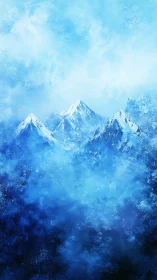 Snowcapped mountain peaks emerge through dense blue mist