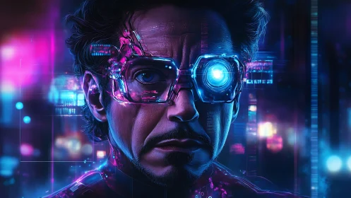 Cybernetic engineer portrait with holographic monocular visor