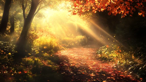 Golden autumn forest path glowing with gentle morning light.