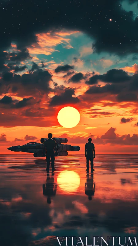 Pilots watch starfighter under neon sunset sky reflection.