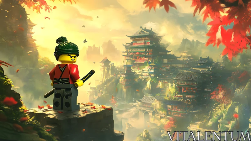 Lego samurai minifigure overlooks misty multi-tiered temple city