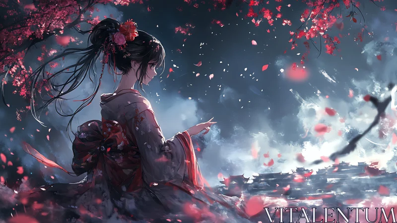 Twilight garden embraces a quiet girl in falling petals