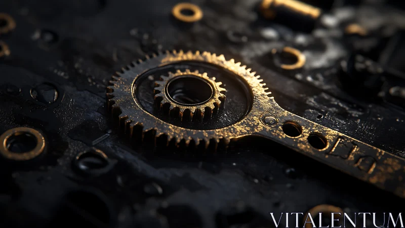 Golden gearwork resting in a dark, quietly gleaming frame.