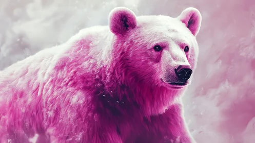 Pink and white bear portrait in soft misty background.
