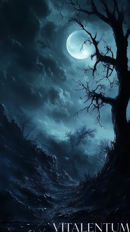 Moonlit ravine of crooked trees and whispering shadows.