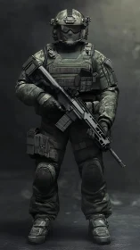Tactical operator rendered in detailed photorealistic combat gear
