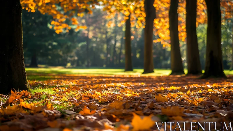 Sunlit autumn floor where golden leaves quietly shimmer.