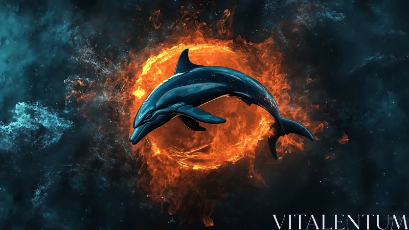 Bioluminescent dolphin arcs before a fiery cosmic vortex