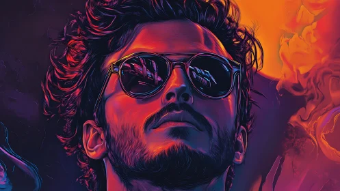 Neon-lit portrait shows confident man in reflective sunglasses