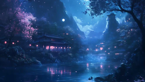 Moonlit riverside village glows with cherry blossoms and lanterns.
