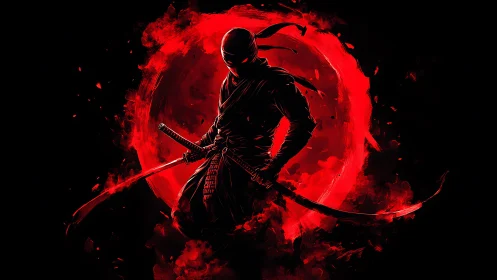 Hooded ninja warrior with dual katanas in red circle glow