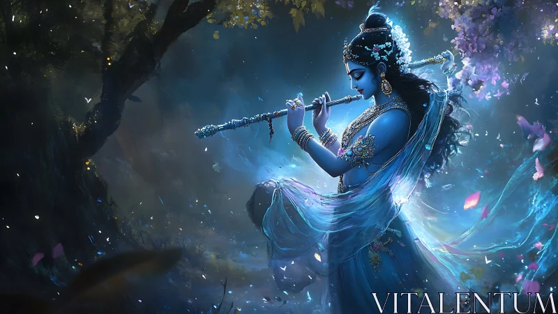 Divine blue deity playing flute amid luminous enchanted forest