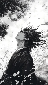 Windswept samurai in falling petals, monochrome reverie.